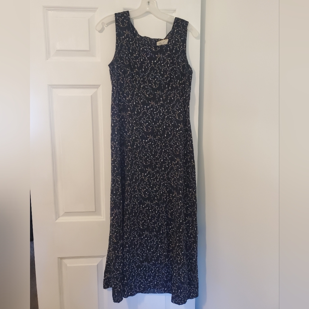 Floral Leaf Print Dress Vintage Kathie Lee Collection Size 8 Zip Back Navy Blue